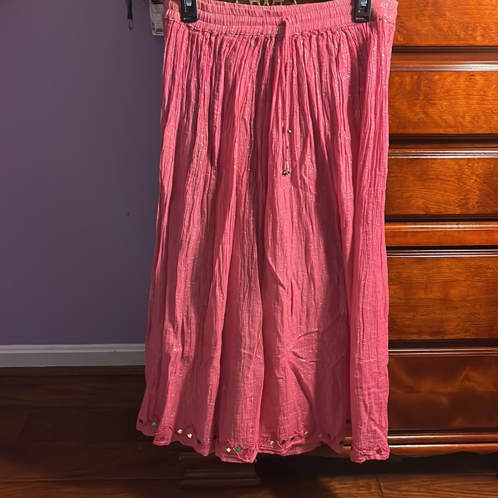 Sparkly Shop Therapy Pink Long Flowy Skirt w/Colorful Sequins & Faux Tie Front.